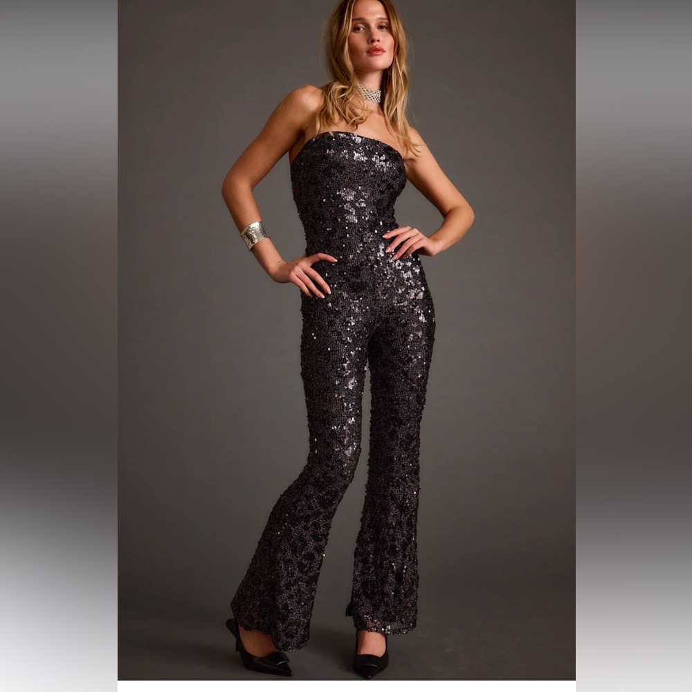 12TH TRIBE Black Sequin Strapless Jumpsuit